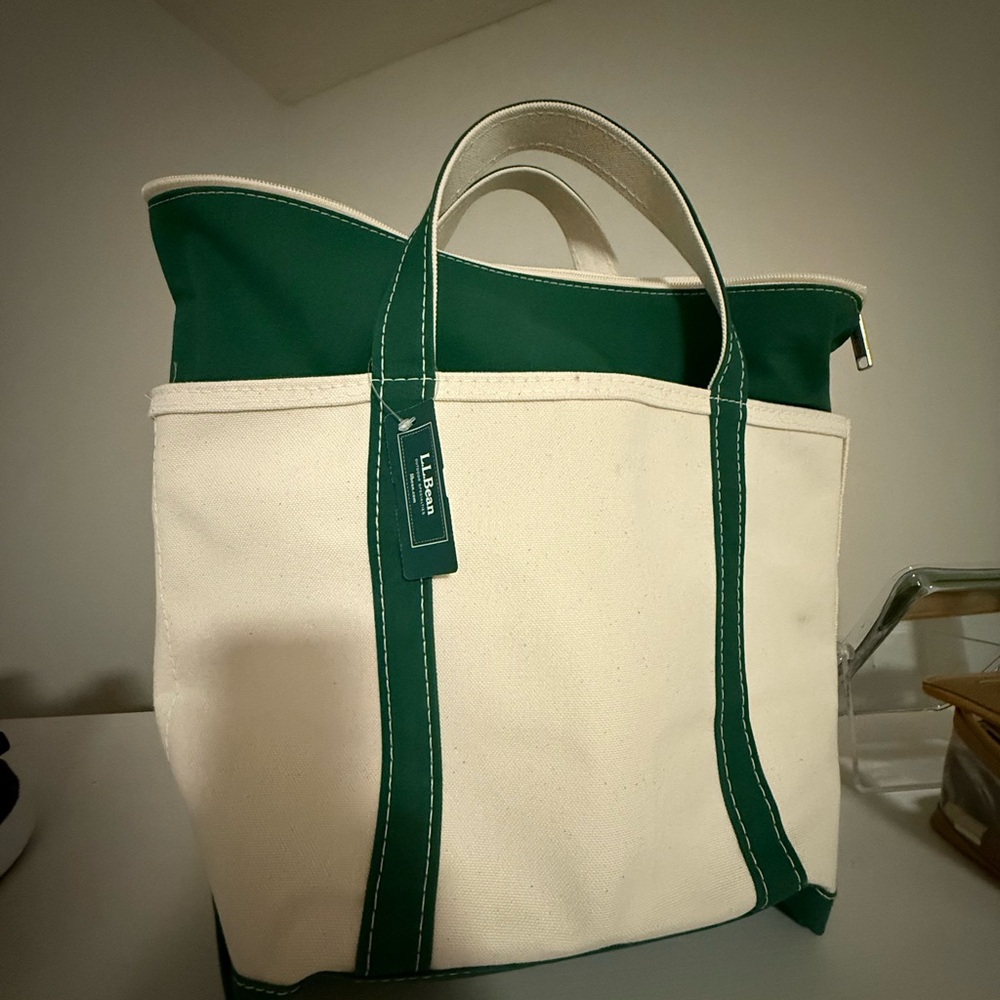 L.L. Bean Green and Cream Canvas Tote with Leather Accents